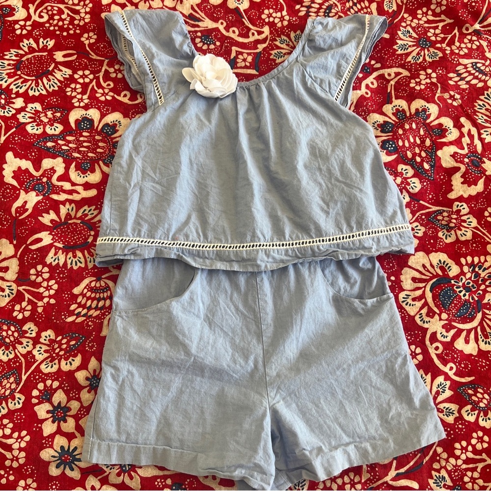 Rare Janie and jack romper blue cotton with white flowers size 8